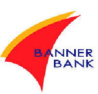 A red umbrella with the word " banner bank ".